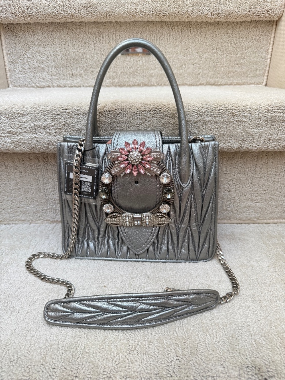 Miu Miu Madras Handbag with Silver Quilted Nappa Leather & Crystal Buckle